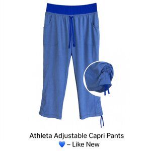 Athleta Ruched Capri Pants Blue Ribbed Waistband Drawstring Cropped Size 0